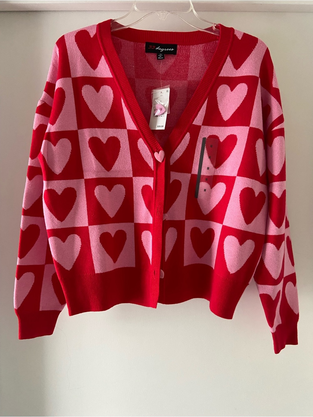 32 Degrees Red & Pink Heart-Print V-Neck Button Cardigan